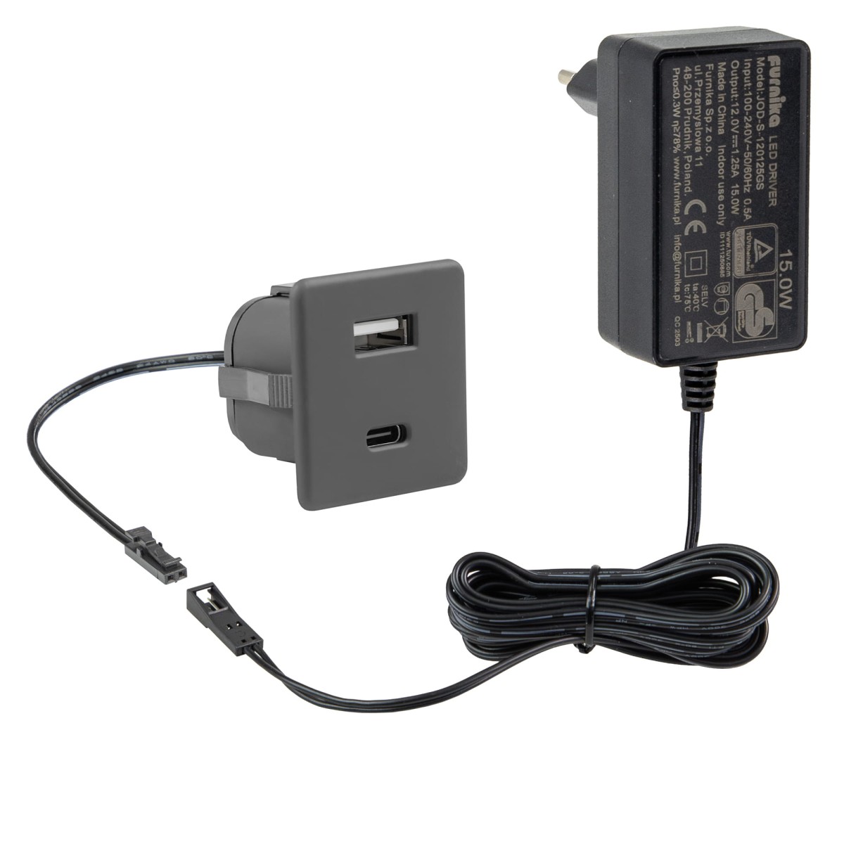 Czarna ładowarka meblowa wpuszczana w blat USB-A i USB-C – zestaw z zasilaczem 15W