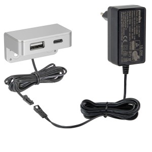 Ładowarka meblowa krawędziowa USB-A i USB-C srebrna matowa