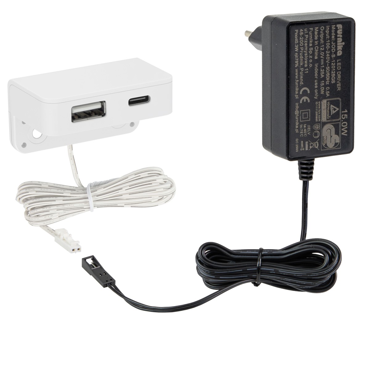 Biała ładowarka meblowa krawędziowa USB-A i USB-C z zasilaczem 15W