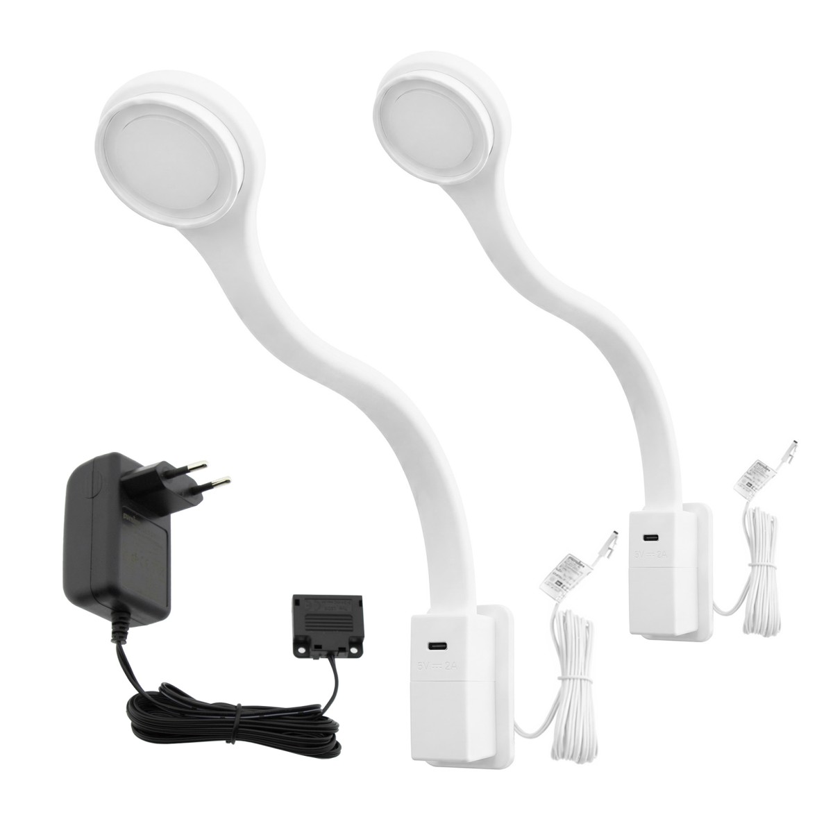 Biała lampka nocna do łóżka Flexi2R z ładowarką USB-C – zestaw 2 sztuk do sypialni